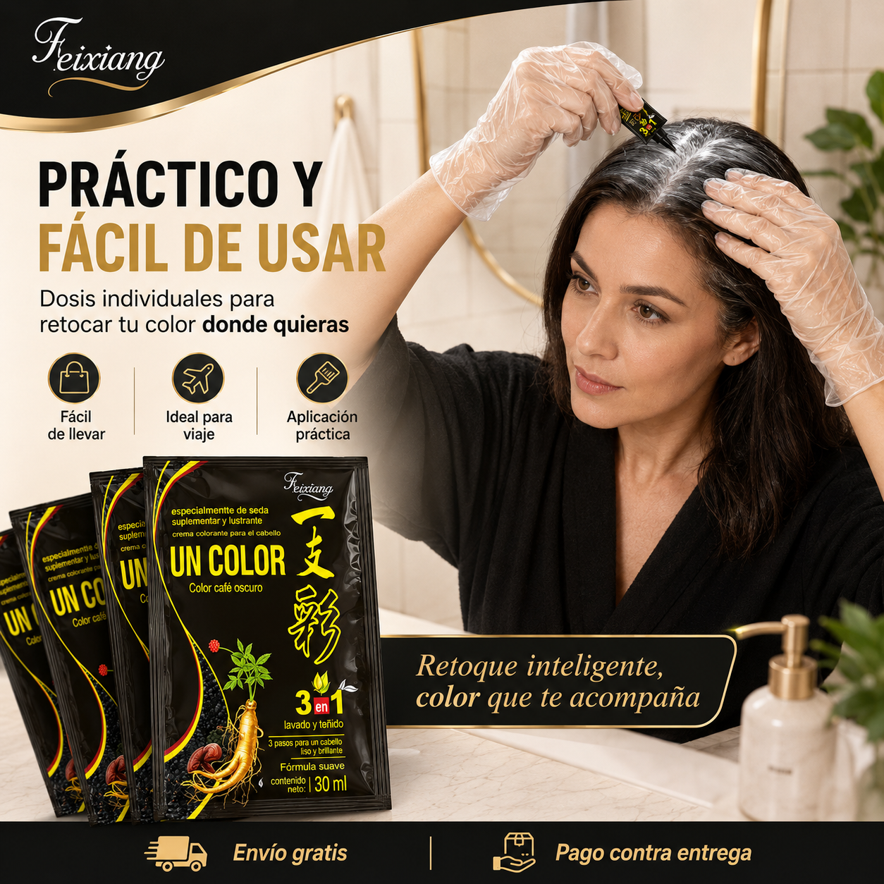 Mujer aplicando MiTono sobre la raiz del cabello, sobre de viaje tono cafe oscuro